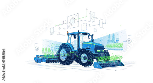 Modern Blue Farm Tractor with Agricultural Implements Illustration.