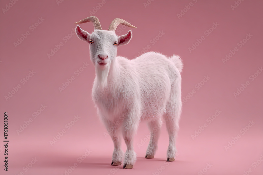 Fototapeta premium A charming white goat with horns stands gracefully on a soft pink background