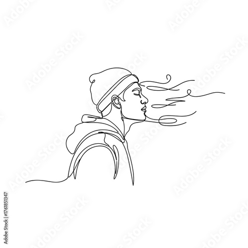 Man leaning into wind and exhaling, concept of autumn weather  