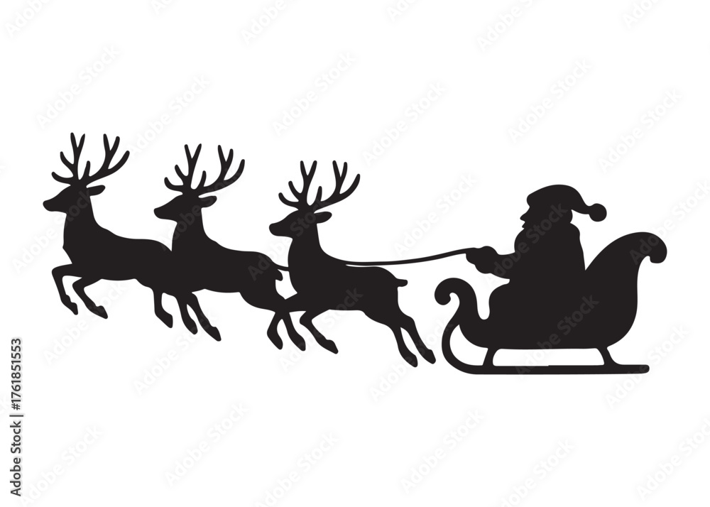 Fototapeta premium santa flying in sleigh with reindeer logo silhouette vector, santa's sleigh silhouette vector illustration, christmas night sky sleigh and reindeer flying logo silhouettes vector on white background