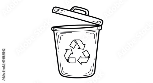 Hand-drawn style recycling bin with open lid illustration.
