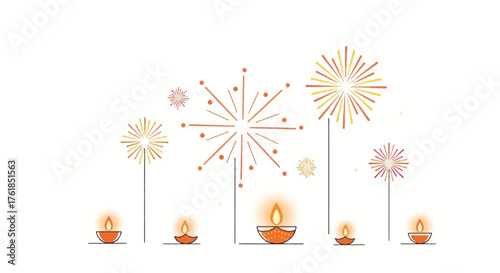 Diwali Celebration with Lit Oil Lamps and Festive Fireworks.