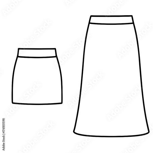 Mini skirt and A-line long skirt outline icons, black line art on white