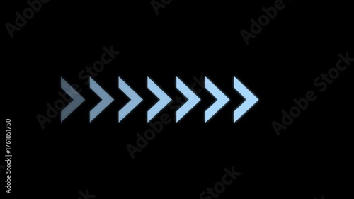 Glowing blue and grey chevron arrows moving right on black background abstract motion graphic