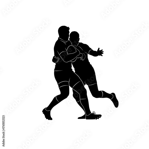 Silhouette of rugby players tackling during intense match, athlete holding ball while opponent defends, dynamic black figures on transparent background, flat vector illustration