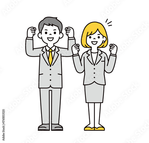 元気に頑張る、スーツを着た20代・30代の男女のシンプルな全身ベクターイラスト素材セット