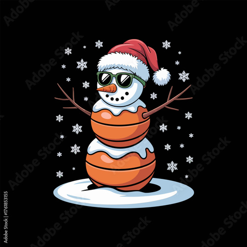 Cool Snowman With Santa Hat, Sunglasses Style, Winter Holiday Character, Night Background, Funny Christmas, Sticker, Vector Illustration
