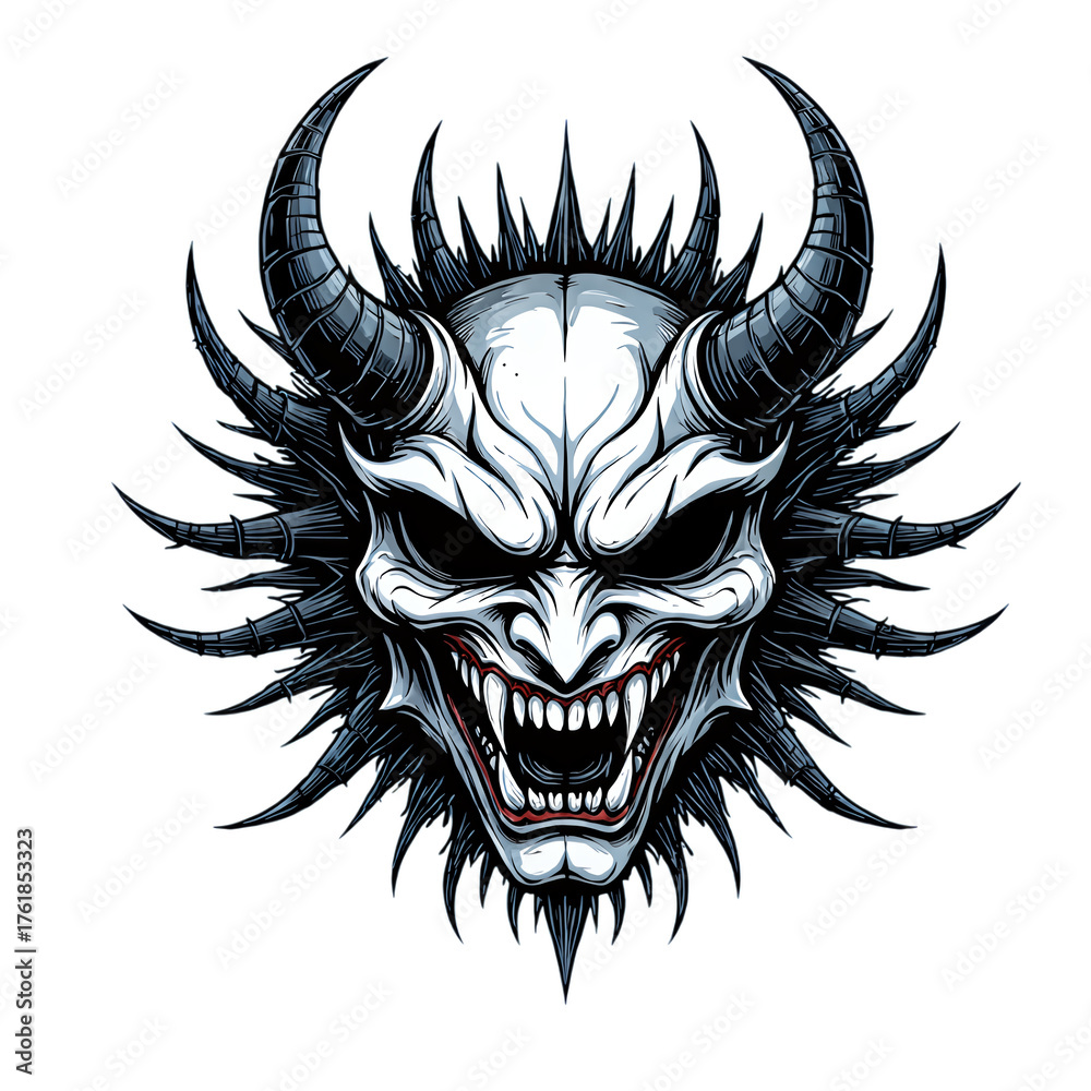 Fototapeta premium White Demon Skull with Spikes, Transparent Background, Glossy 3D Realism Graphic