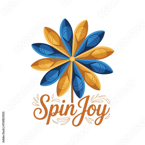 Spin joy logo, stylized pinwheel flower petals, vibrant blue and orange palette, playful movement effect, cheerful celebration vector