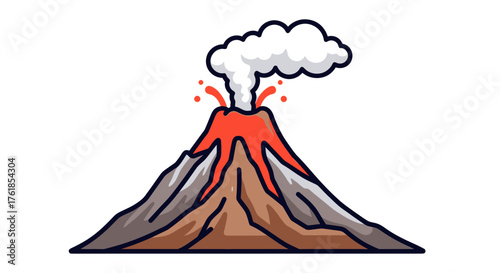 Cartoon illustration of a red and orange erupting volcano with smoke.