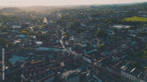 Aerial view of City of Wells, UK at sunset