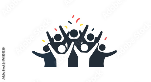 Diverse group of people celebrating with confetti and raised arms.