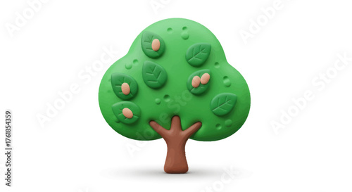 Playful green clay art tree with a brown trunk and embossed leaves and fruit.