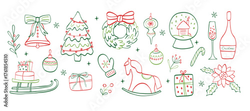 Сhristmas hand drawn icons. doodle vintage element of décor with bows and snowflakes. Vector whimsical sketch for cover, background, frame, pattern, wallpaper.