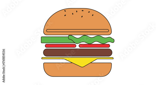 A simple colorful flat line art illustration of a classic cheeseburger with sesame seeds.