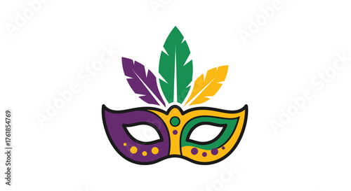 Vibrant Mardi Gras Mask with Purple Green and Gold Feathers.