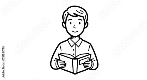 Cartoon illustration of a young man reading an open book.