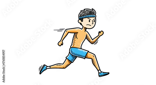 Determined Cartoon Man Running Fast in Blue Shorts and Headband.