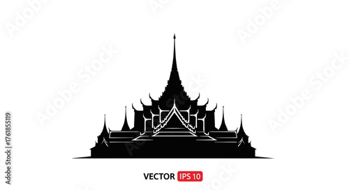Elegant black silhouette of a traditional Thai temple showcasing ornate Asian architecture with a multi-tiered roof and spire.