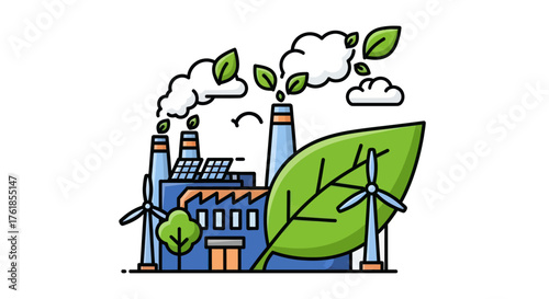 Sustainable Industrial Factory Illustration with Green Energy and Environmental Impact.