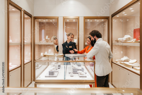 Attractive couple standing at a display counter in an elegant jewelry store, receiving professional assistance from a saleswoman presenting a necklace for purchase
