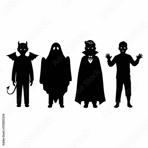 Silhouettes of boys dressed in fun Halloween costumes featuring spooky and fantasy characters in creative poses.