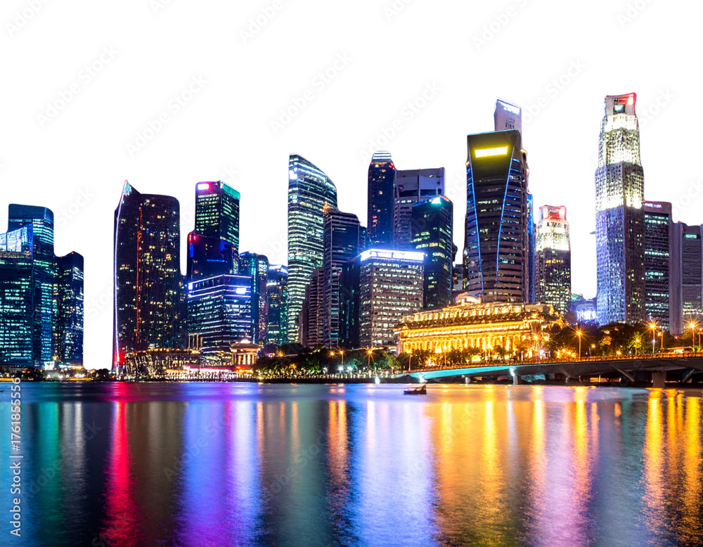 Naklejka premium Night City Skyline with Illuminated Windows, Reflections on Water, Isolated PNG