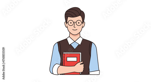 Illustration of a young male student with glasses and a sweater vest holding a red book.