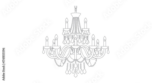 A detailed line art illustration of a classic ornate crystal chandelier.