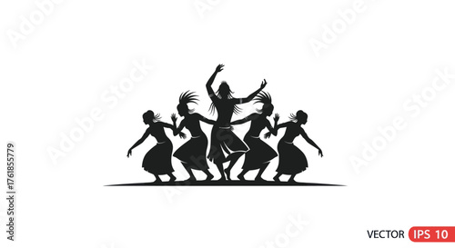 Silhouette of five women performing a traditional cultural folk dance in unison.