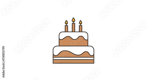 A two-tiered chocolate cake with white frosting and three lit candles.
