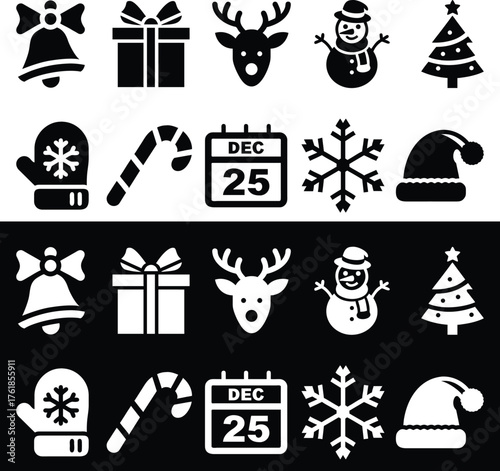 Black and White Solid Christmas Icon Set – Minimal Festive Vector Collection