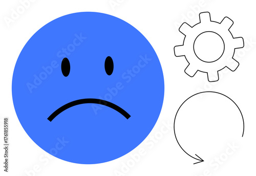 Blue sad face with black features, gear symbol, and circular arrow. Ideal for frustration, inefficiency, failure, system breakdown, problem-solving emotional challenges workflow disruption. Simple