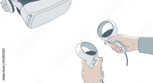 Cartoon Illustration of VR Headset and Controllers in Use.
