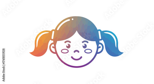 Cartoon Girl Face with Pigtails and Gradient Hair.