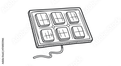 Hand-drawn illustration of a small six-panel solar energy collector with a connecting wire.