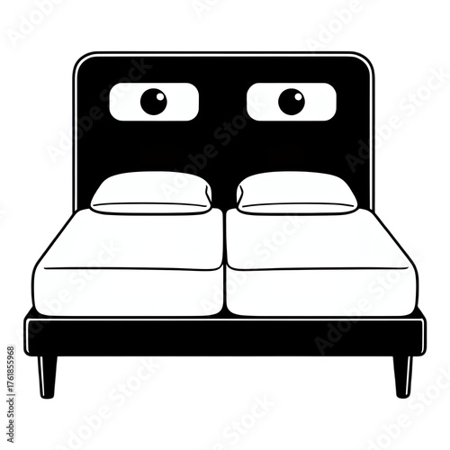 White Twin Beds with Black Eyes, Transparent Background, Minimalist Icon for Web Design