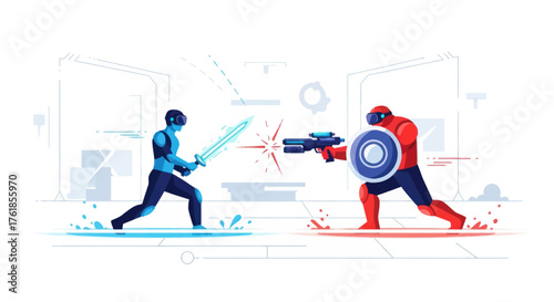 Two futuristic warriors engaged in a virtual reality combat simulation.