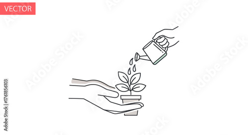Hand watering small potted plant line art illustration.