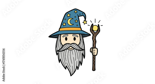 Cartoon Wizard with Pointed Hat and Magic Staff Featuring Crescent Moon and Star Details.