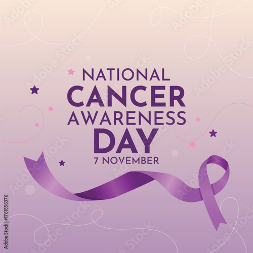 National Cancer Awareness Day poster design featuring purple ribbon symbol, vibrant background, and healthcare theme promoting hope, cancer prevention, and public awareness on November 7th.