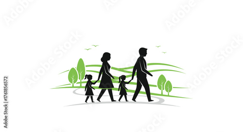 Silhouette of a Family Walking Together in Nature.