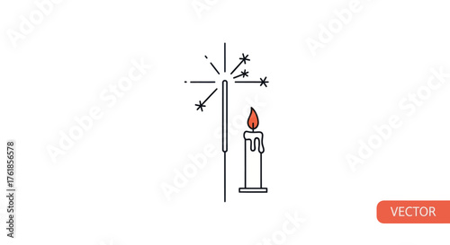 Sparkler and Lit Candle Icon with Exploding Stars.