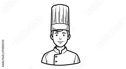 Stylized Line Drawing of a Smiling Chef in a Tall Toque Blanche Hat.