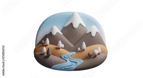 A miniature 3D clay model of a mountain landscape with a river and snow-capped peaks.