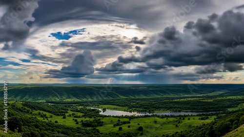 Emerald hills cradle a serene lake under a sky heavy with impending rain