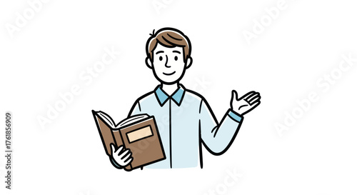 Smiling man holding an open book and gesturing with his hand.