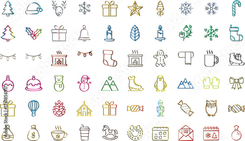 Festive Line Art Holiday Icons for Web and Print Design
