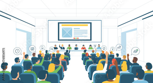 Diverse audience attending a presentation in a modern conference hall with a large screen.