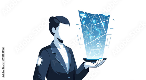 Woman holding a futuristic holographic display with glowing blue network connections.